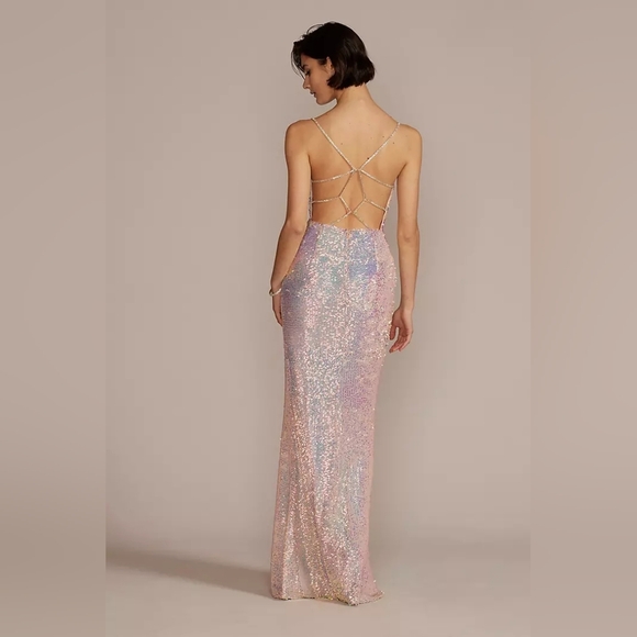 Stretch Sequin Prom Dress with Illusion V-Neck Gown in Iridescent Pink 20 - Picture 9 of 9